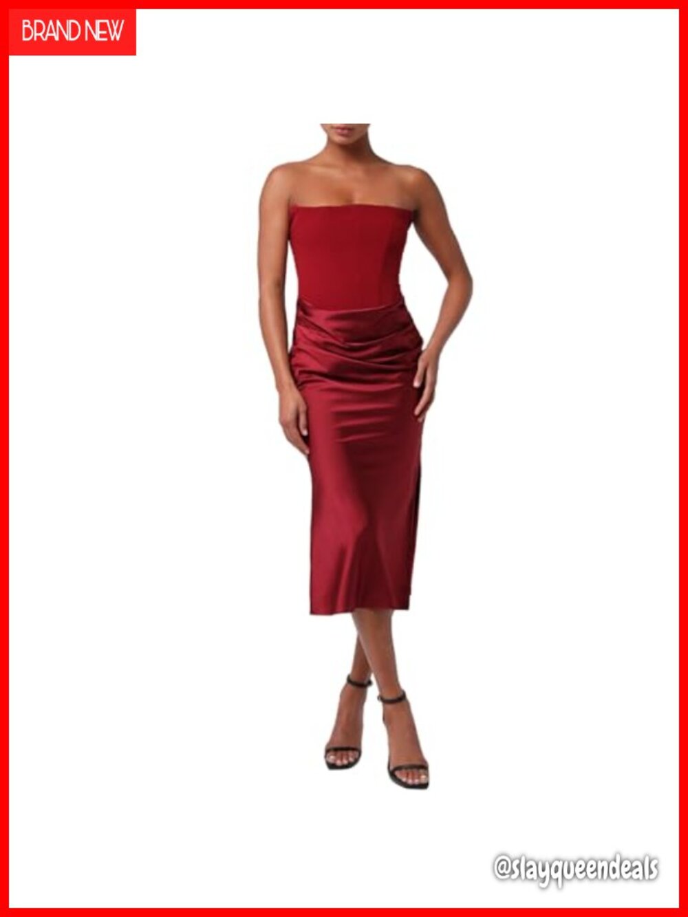 Tarni Strapless Drape Front Midi Dress Satin Formal Cocktail